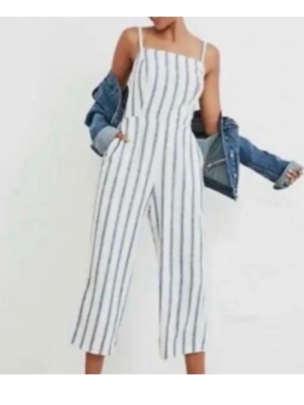 Old Navy Women Pants L White Linen Jumpsuit Striped Cottagecore Coastal-SZ XXL